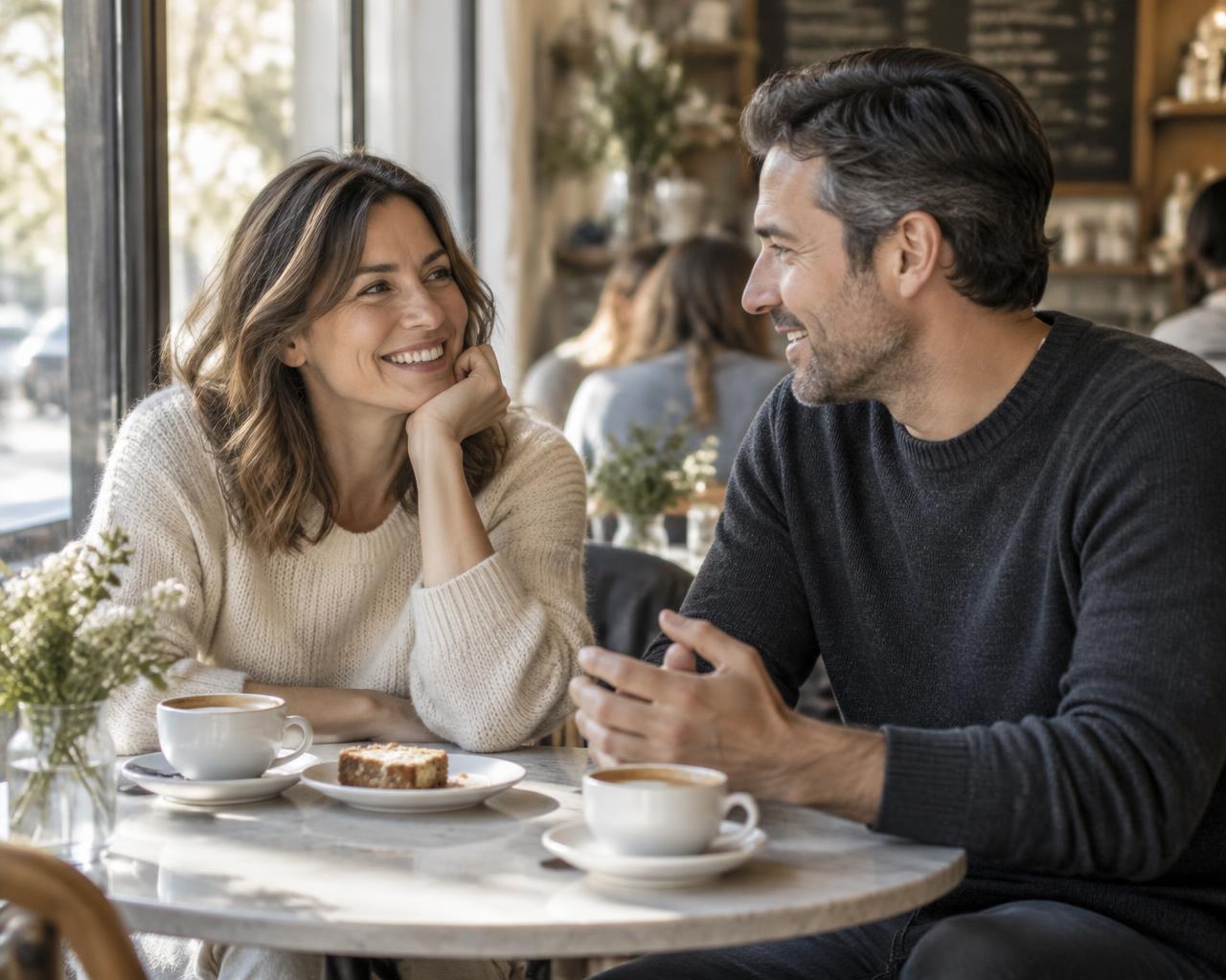 A man and a woman around 40 talking over coffee in a café
